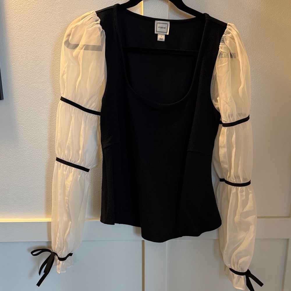Maeve Black Knit Top with Sheer Ivory Puff Sleeves